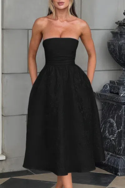 Truedames A Line Strapless Jacquard Satin Embroidery Dress In Black