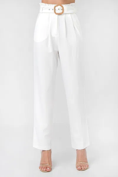Truedames A Solid Pant Featuring Paperbag Waist With Rattan Buckle Belt In White