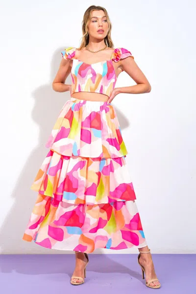 Truedames Absolute Edge Pink Woven Top And Skirt In Multi