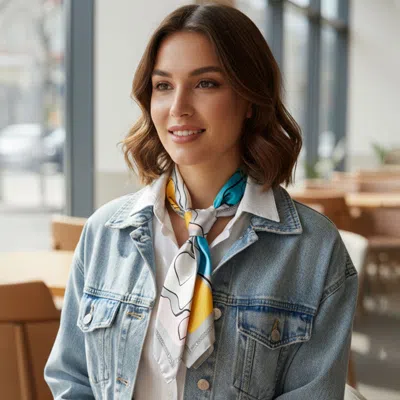 Truedames Abstract Art Pattern Printed Square Silky Satin Bandana Scarf In White