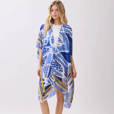 Truedames Abstract Botanical Print Silky Feel Kimono Poncho In Blue