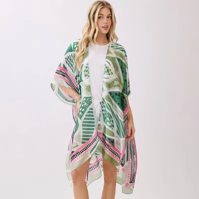 Truedames Abstract Botanical Print Silky Feel Kimono Poncho In Green
