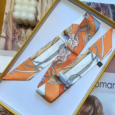 Truedames Abstract Chain Motif Print Silky Twilly Skinny Scarf In Blue