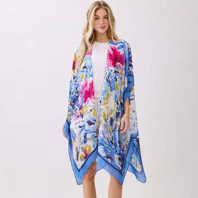 Truedames Abstract Floral Print Silky Feel Kimono Poncho In Blue