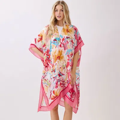 Truedames Abstract Floral Print Silky Feel Kimono Poncho In Pink