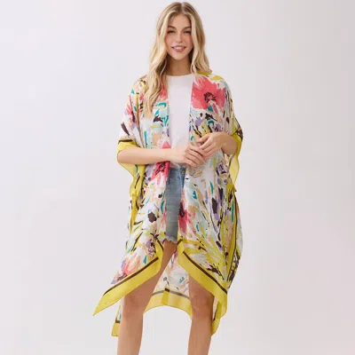 Truedames Abstract Floral Print Silky Feel Kimono Poncho In Yellow