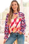 Truedames Abstract Geometric Pattern Patchwork Puff Sleeve Blouse In Pink