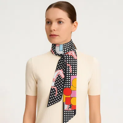 Truedames Abstract Horse Grid Pattern Printed Twilly Skinny Scarf In Black
