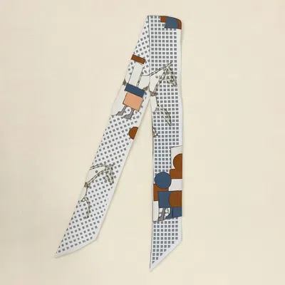 Truedames Abstract Horse Grid Pattern Printed Twilly Skinny Scarf In Blue