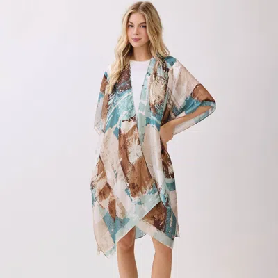Truedames Abstract Modern Art Inspired Print Silky Feel Kimono Poncho In Brown
