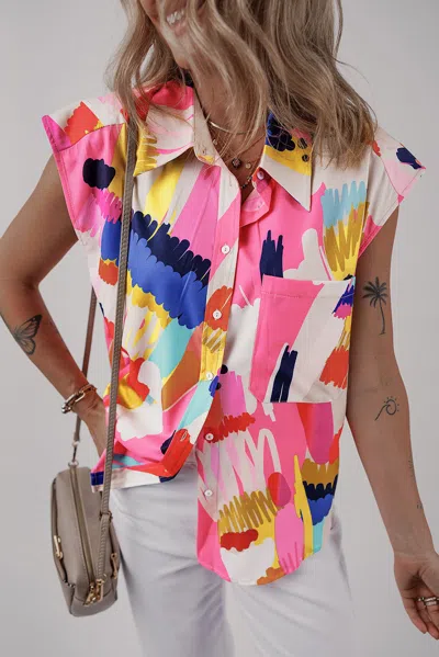 Truedames Abstract Print Colla Cap Sleeve Casual Shirt In Multi