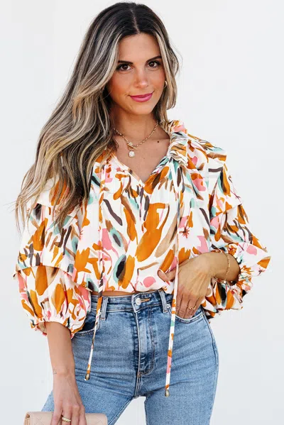 Truedames Abstract Print Drawstring Frilled V Neck 3/4 Sleeve Blouse In Yellow