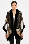 Truedames Abstract Print Faux Fur Trim Cape In Black & Camel In Black