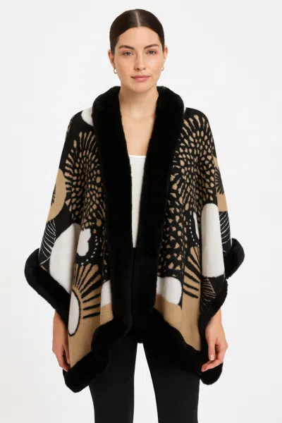 Truedames Abstract Print Faux Fur Trim Cape In Black & Camel In Beige