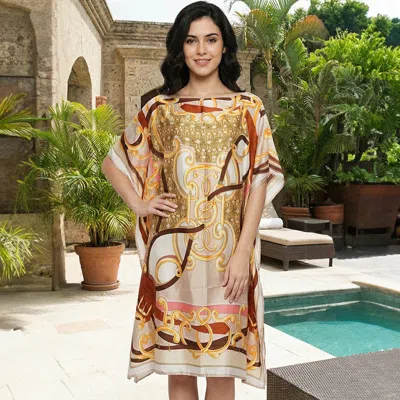 Truedames Abstract Print Resort Silky Kaftan Midi Dress In Brown