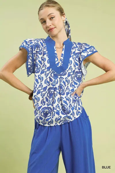 Truedames Abstract Print Short Sleeve Blouse In Blue