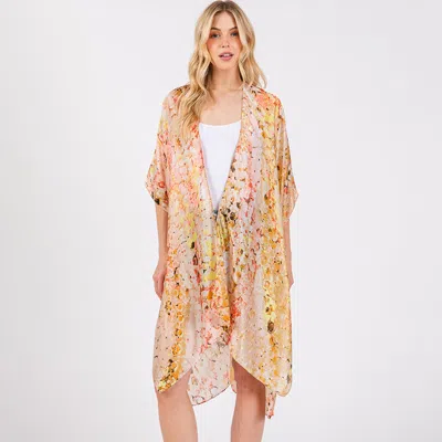 Truedames Abstract Print Silky Feel Kimono Poncho In Beige