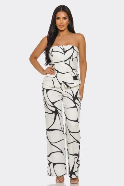 Truedames Abstract Print Strapless Top And Wide-leg Trouser Set In White