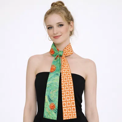 Truedames Abstract Swirl Pattern Print Silk Feel Twilly Skinny Scarf In Metallic