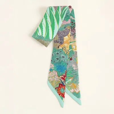 Truedames Abstract Zebra Floral Pattern Printed Twilly Skinny Scarf In Green