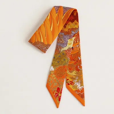 Truedames Abstract Zebra Floral Pattern Printed Twilly Skinny Scarf In Orange