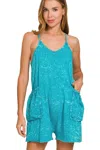 Truedames Acid Crinkle Washed Spaghetti Strap Romper In Blue