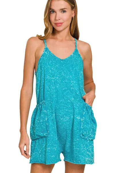Truedames Acid Crinkle Washed Spaghetti Strap Romper In Blue