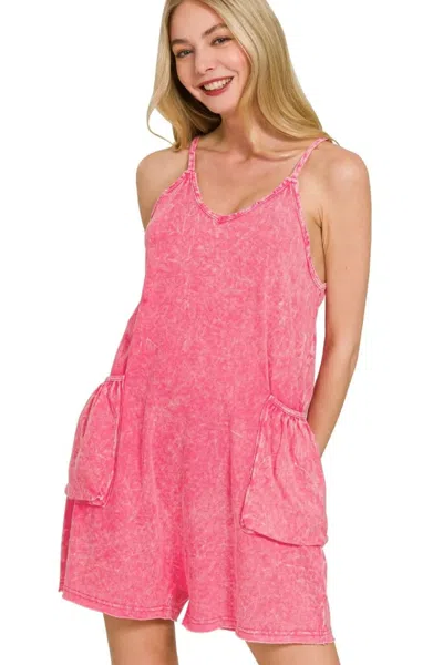 Truedames Acid Crinkle Washed Spaghetti Strap Romper In Pink