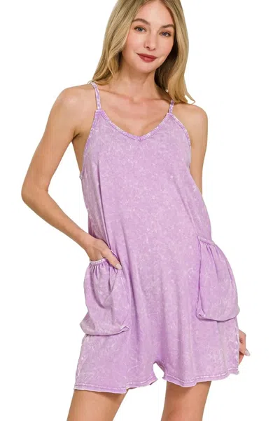 Truedames Acid Crinkle Washed Spaghetti Strap Romper In Purple