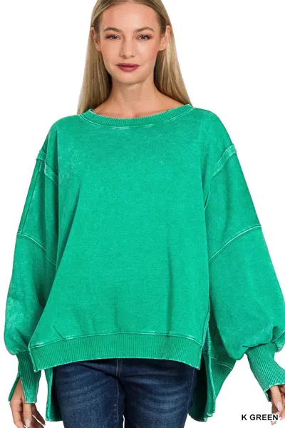 Truedames Acid Washed Batwing Sleeve Fleece Sweatshirt In Green
