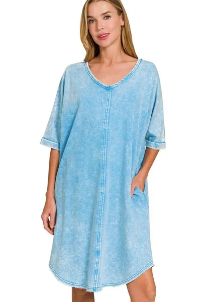 Truedames Acid-washed French Terry Tee Shirts Dress In Blue