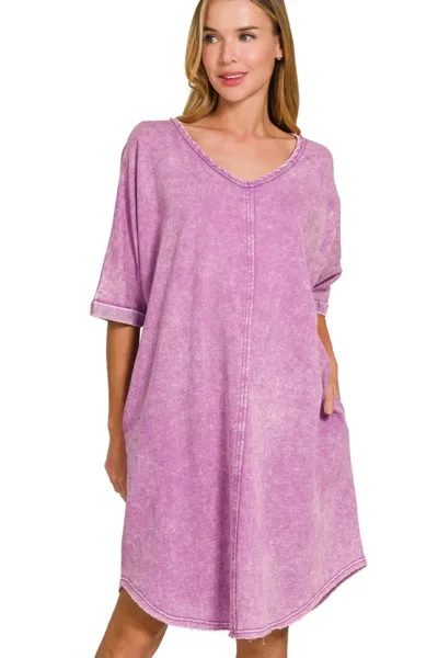 Truedames Acid-washed French Terry Tee Shirts Dress In Purple