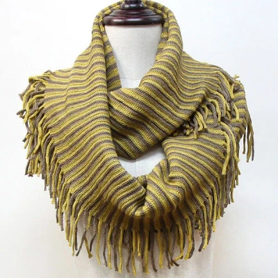Truedames Striped Knit Fringe Infinity Scarf In Green