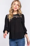 Truedames Active Basic Crochet Lace Panel Flounce Sleeve Blouse In Black
