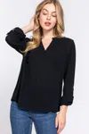 Truedames Active Basic Full Size Notched Long Sleeve Woven Top In Black