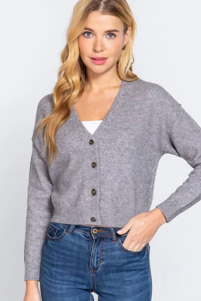 Truedames Active Basic V-neck Button Up Long Sleeve Knit Cardigan In Gray