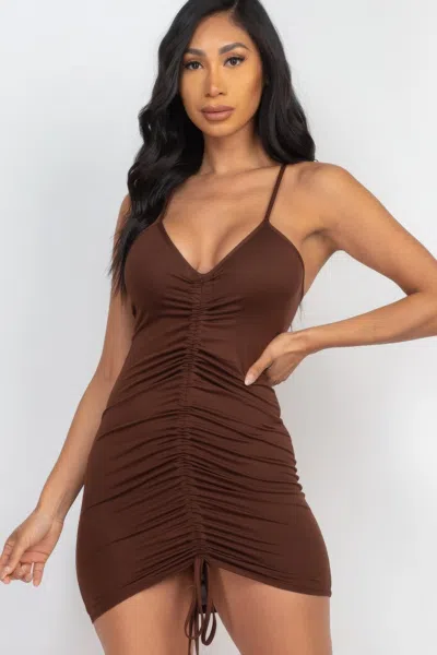 Truedames Adjustable Ruched Front Detail Mini Dress In Brown