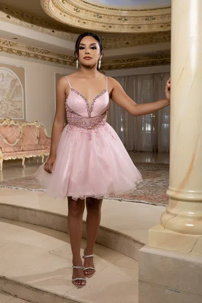 Truedames A-line Homecoming Dress Glitter Tulle Beaded Lace Bodice Spaghetti Straps In Pink