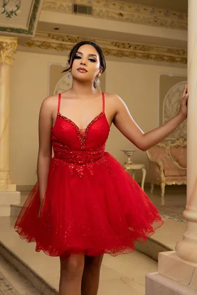 Truedames A-line Homecoming Dress Glitter Tulle Beaded Lace Bodice Spaghetti Straps In Red