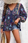 Truedames All Over Floral Print Cross Deep V Boho Top In Blue