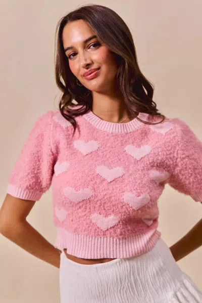 Truedames All Over Heart Valentine Cropped Sweater In Pink
