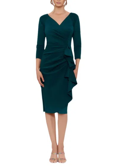 Truedames Allie V-neckline 3/4 Sleeves Back Zipper Side Ruffle Sheath Midi Dress In Green