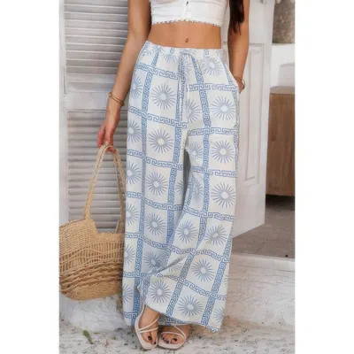 Truedames Allover Print Drawstring Pockets Wide Leg Pants In Blue