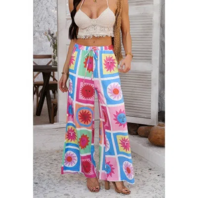 Truedames Allover Print Drawstring Pockets Wide Leg Pants In Pink