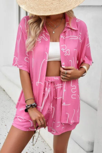 Truedames Allover Print Elastic Shorts Two Pieces Button Set In Pink