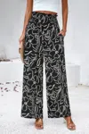 Truedames Allover Print Folded Frill Wide Leg High Waist Pant In Black