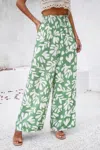 Truedames Allover Print Folded Frill Wide Leg High Waist Pant In Green