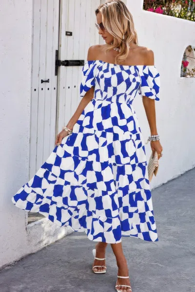 Truedames Allover Print Off Shoulder Ruched Ruffle Dress In Blue