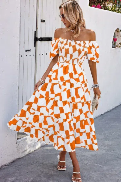Truedames Allover Print Off Shoulder Ruched Ruffle Dress In Orange