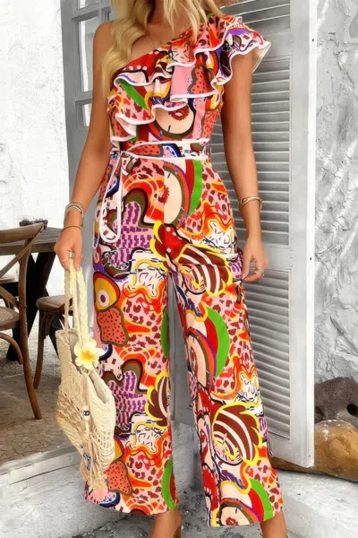 Truedames Allover Print One Shoulder Ruffle Belt Jumpsuit In Multi